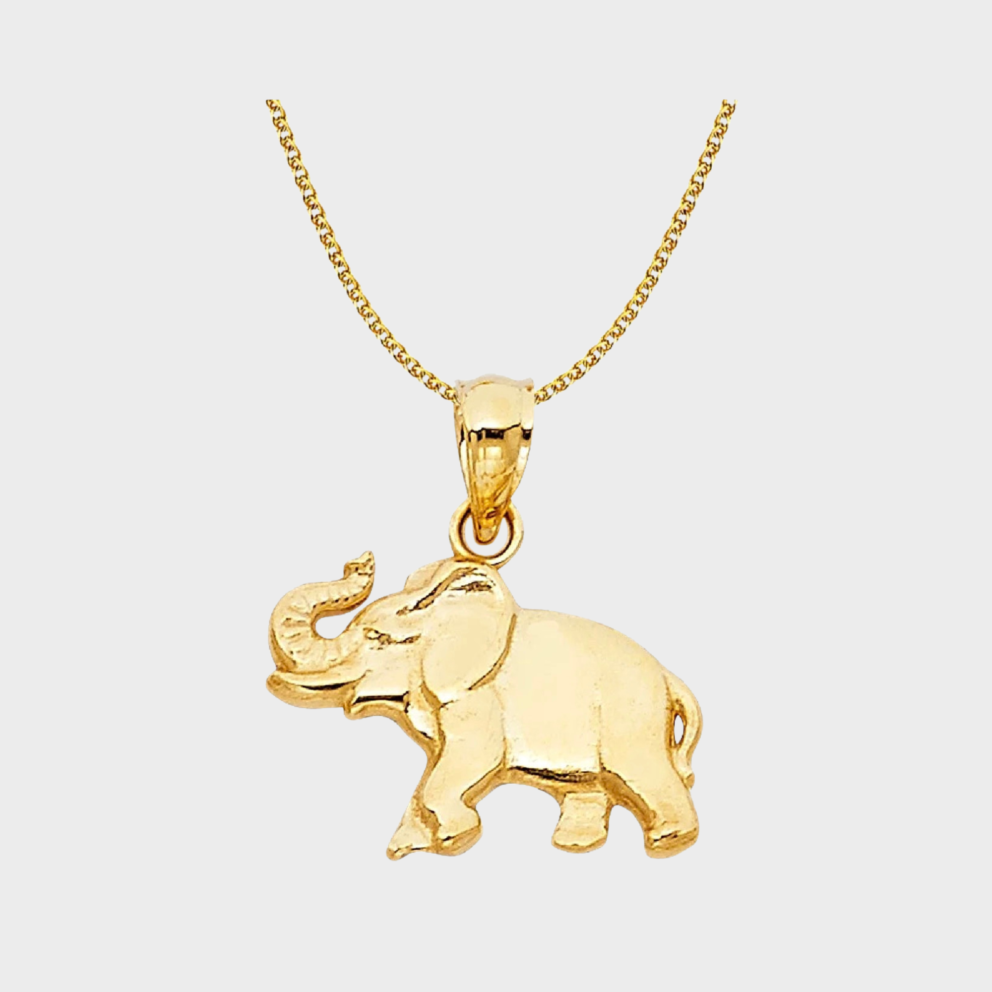 14K Yellow Gold Elephant Charm Pendant with 1.4Mm Flat Open Wheat Chain Necklace - 20"