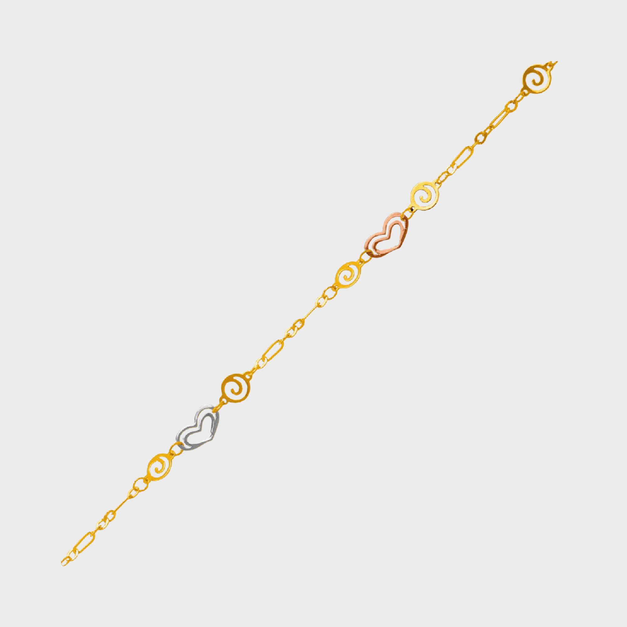 14K Tricolor Gold Heart Charm Anklet Bracelet High Polished 10"