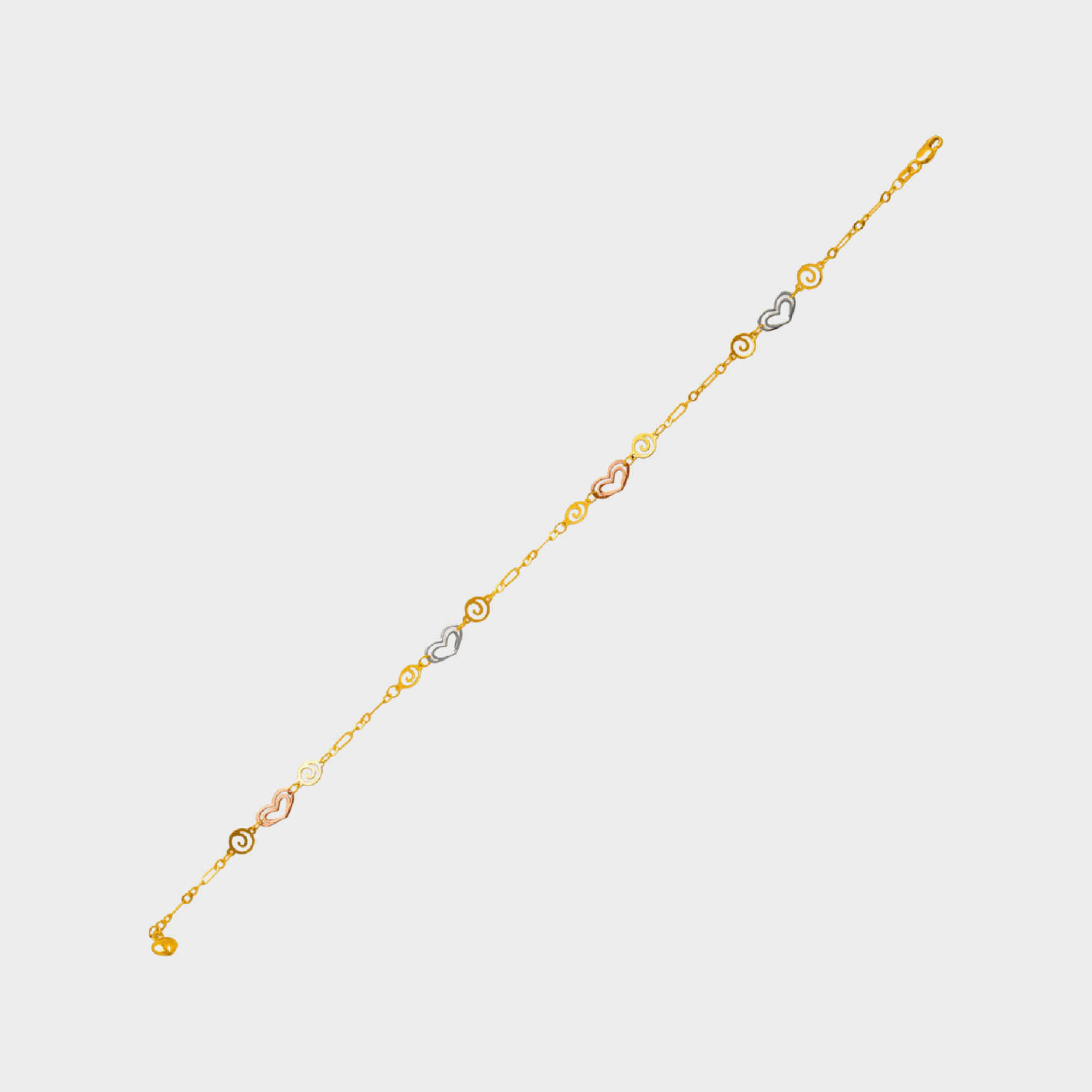 14K Tricolor Gold Heart Charm Anklet Bracelet High Polished 10"