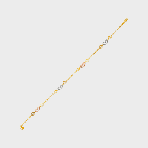 14K Tricolor Gold Heart Charm Anklet Bracelet High Polished 10"